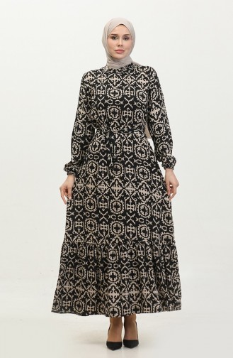 Viskon Desenli Elbise 0362-03 Siyah