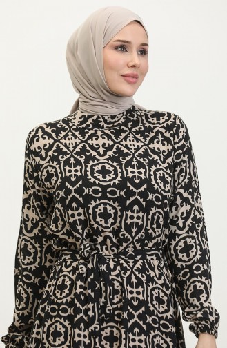 Viskon Desenli Elbise 0362-03 Siyah