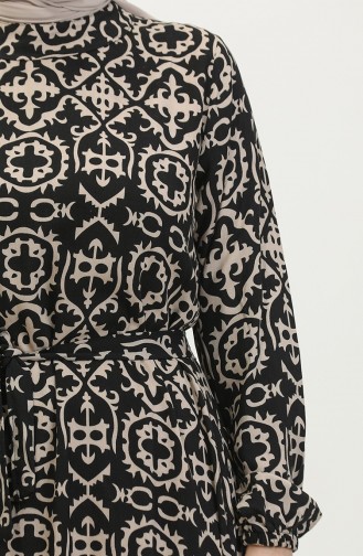 Viskon Desenli Elbise 0362-03 Siyah