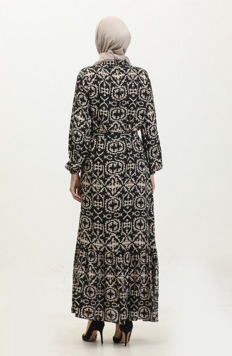 Viskon Desenli Elbise 0362-03 Siyah