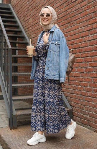 Viskon Desenli Elbise 0362-04 Lacivert