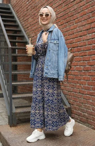 Viscose Patterned Dress 0362-04 Navy Blue 0362-04