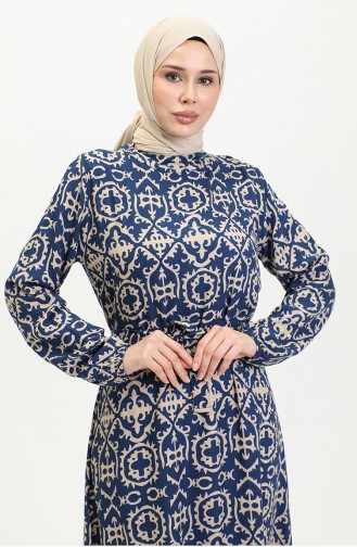 Viskon Desenli Elbise 0362-04 Lacivert