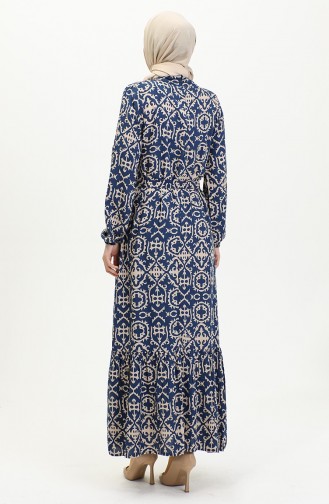 Viskon Desenli Elbise 0362-04 Lacivert