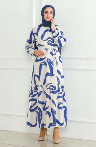 فستان كتان منقوش 0471A-03 بيج كحلي 0471A-03