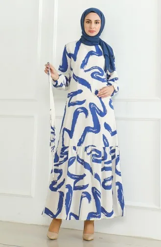 فستان كتان منقوش 0471A-03 بيج كحلي 0471A-03