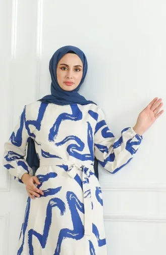 فستان كتان منقوش 0471A-03 بيج كحلي 0471A-03