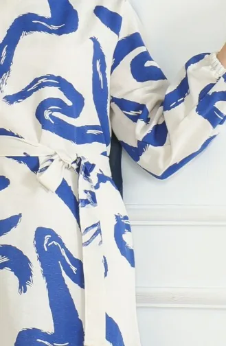 فستان كتان منقوش 0471A-03 بيج كحلي 0471A-03