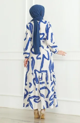 فستان كتان منقوش 0471A-03 بيج كحلي 0471A-03