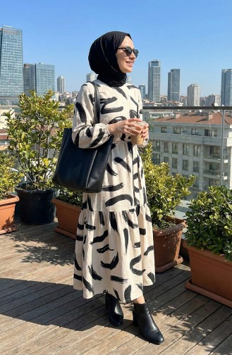 Desenli Kuşaklı Keten Elbise 0471A-06 Bej Siyah