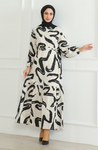 Desenli Kuşaklı Keten Elbise 0471A-06 Bej Siyah