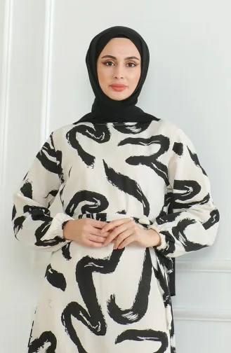 Robe Lin à Motifs Et Ceinture 0471A-06 Beige Noir 0471A-06