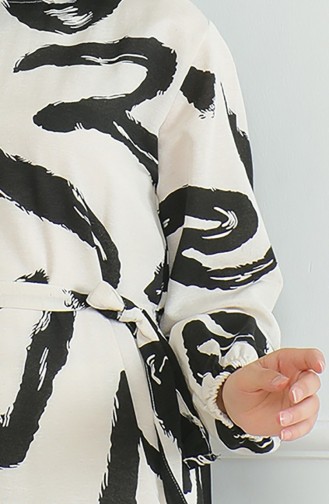 Desenli Kuşaklı Keten Elbise 0471A-06 Bej Siyah