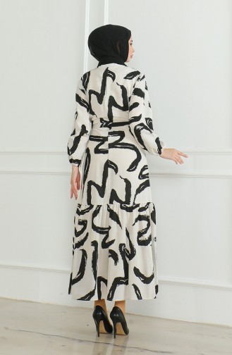 Desenli Kuşaklı Keten Elbise 0471A-06 Bej Siyah
