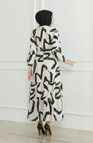 Robe Lin à Motifs Et Ceinture 0471A-06 Beige Noir 0471A-06