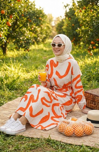 Robe Lin à Motifs Et Ceinture 0471A-07 Beige Orange 0471A-07