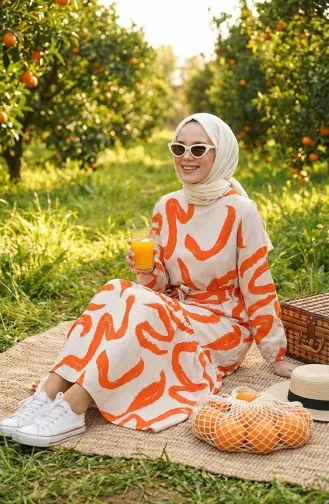 Patterned Belted Linen Dress 0471a-07 Beige Orange 0471A-07