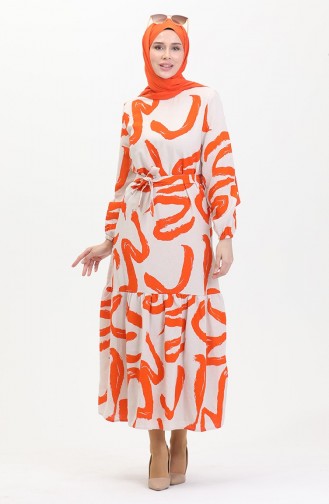Robe Lin à Motifs Et Ceinture 0471A-07 Beige Orange 0471A-07