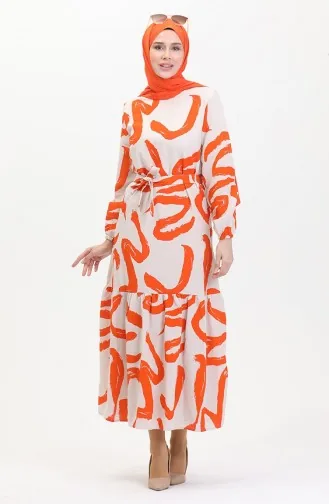 Patterned Belted Linen Dress 0471a-07 Beige Orange 0471A-07