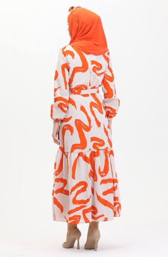 Robe Lin à Motifs Et Ceinture 0471A-07 Beige Orange 0471A-07