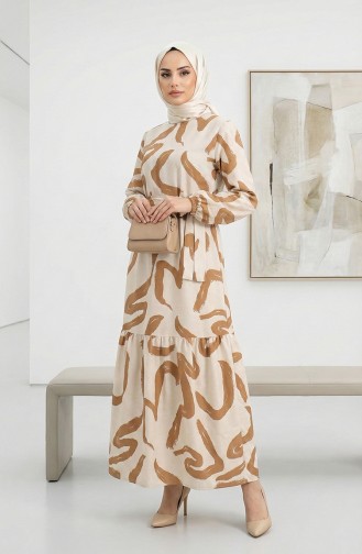 Desenli Kuşaklı Keten Elbise 0471A-08 Bej Taba
