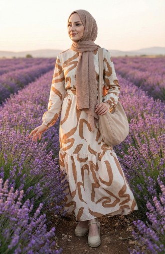 Desenli Kuşaklı Keten Elbise 0471A-08 Bej Taba