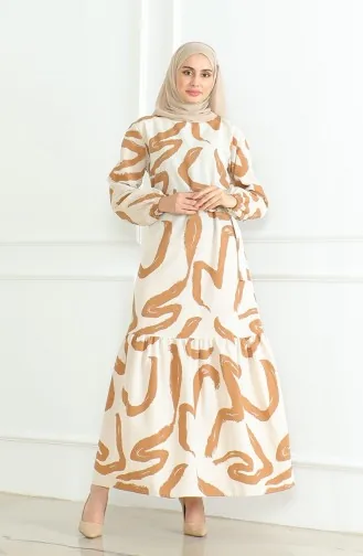 Desenli Kuşaklı Keten Elbise 0471A-08 Bej Taba