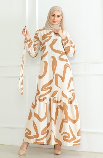 Desenli Kuşaklı Keten Elbise 0471A-08 Bej Taba