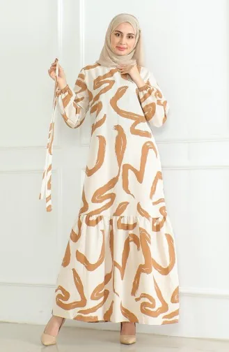 Desenli Kuşaklı Keten Elbise 0471A-08 Bej Taba