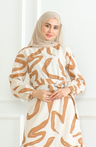 Desenli Kuşaklı Keten Elbise 0471A-08 Bej Taba