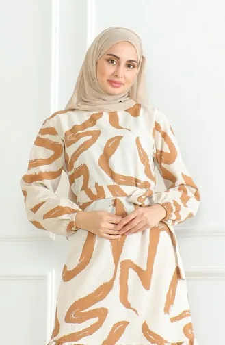 Desenli Kuşaklı Keten Elbise 0471A-08 Bej Taba
