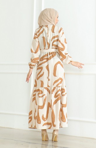 Desenli Kuşaklı Keten Elbise 0471A-08 Bej Taba