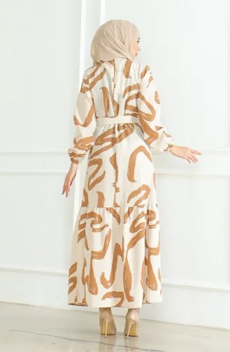 Desenli Kuşaklı Keten Elbise 0471A-08 Bej Taba