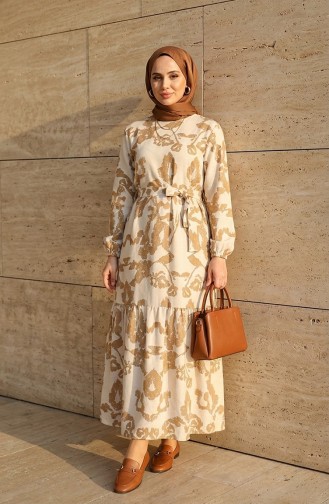 فستان كتان منقوش 0471D-04 بيج بني فاتح 0471D-04