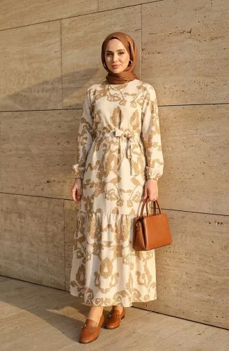 Gemustertes Leinenkleid Mit Gürtel 0471D-04 Beige Milchkaffee 0471D-04