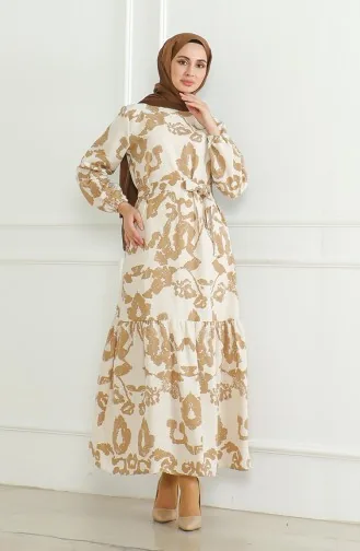 Gemustertes Leinenkleid Mit Gürtel 0471D-04 Beige Milchkaffee 0471D-04