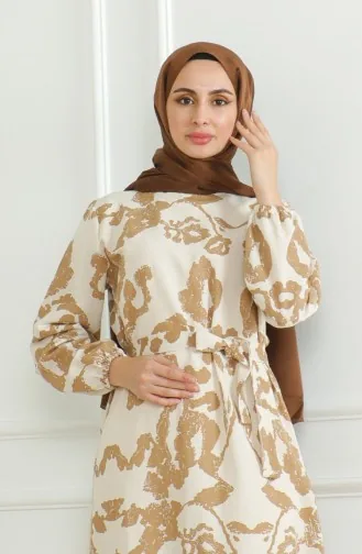 Gemustertes Leinenkleid Mit Gürtel 0471D-04 Beige Milchkaffee 0471D-04