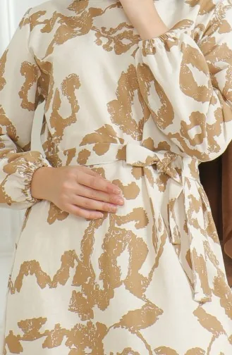 Gemustertes Leinenkleid Mit Gürtel 0471D-04 Beige Milchkaffee 0471D-04