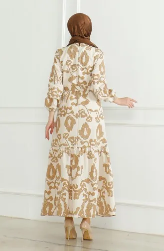 Gemustertes Leinenkleid Mit Gürtel 0471D-04 Beige Milchkaffee 0471D-04