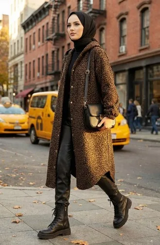Kaschmirmantel Mit Leopardenmuster Und Kapuze 0187-04 Braun Schwarz 0187-04