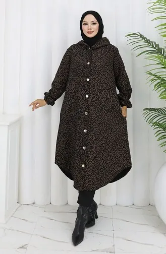 Kaschmirmantel Mit Leopardenmuster Und Kapuze 0187-04 Braun Schwarz 0187-04