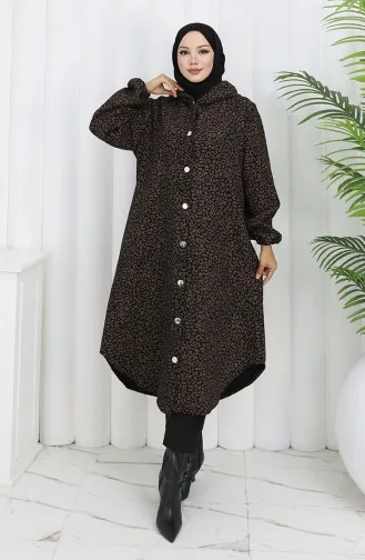 Kaschmirmantel Mit Leopardenmuster Und Kapuze 0187-04 Braun Schwarz 0187-04
