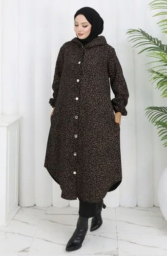Kaschmirmantel Mit Leopardenmuster Und Kapuze 0187-04 Braun Schwarz 0187-04