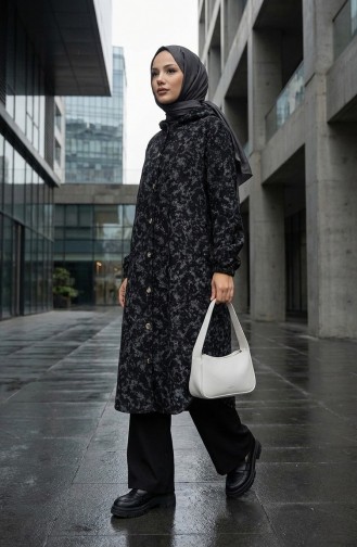 Kasjmier Jas Met Patroon En Capuchon 0187A-02 Zwartgrijs 0187A-02