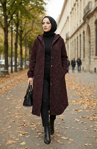 Manteau En Cachemire à Capuche à Motifs 0187A-04 Noir Bordeaux Rouge 0187A-04