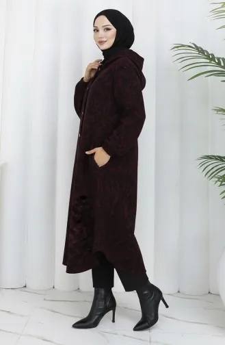 Manteau En Cachemire à Capuche à Motifs 0187A-04 Noir Bordeaux Rouge 0187A-04