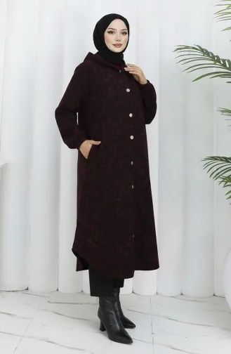 Manteau En Cachemire à Capuche à Motifs 0187A-04 Noir Bordeaux Rouge 0187A-04