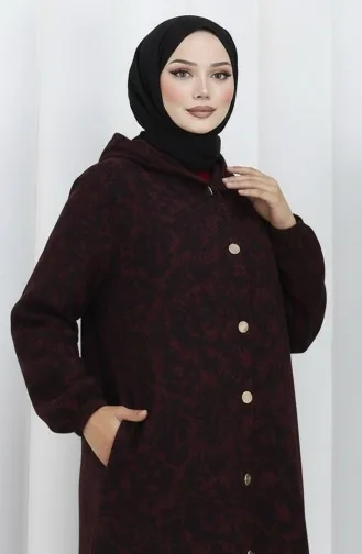 Manteau En Cachemire à Capuche à Motifs 0187A-04 Noir Bordeaux Rouge 0187A-04