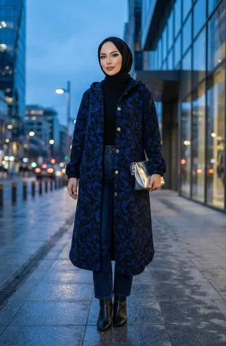 Manteau En Cachemire à Capuche à Motifs 0187A-05 Noir Saxe 0187A-05