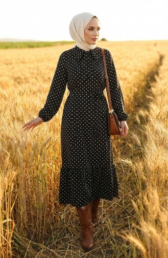 Patterned Belted Dress 0383-01 Black 0383-01